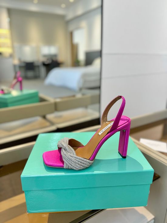 Jimmy Choo Elegant Silk High Heel Sandals with Twisted Rhinestone Straps