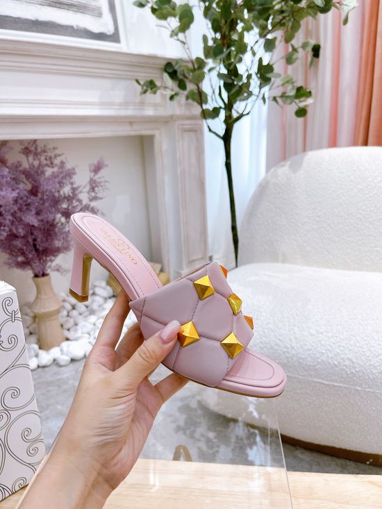 Valentino Studded Medium Heel Slip On Sandals Premium Soft Leather