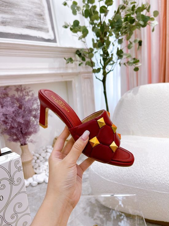 Valentino Studded Medium Heel Slip On Sandals Premium Soft Leather
