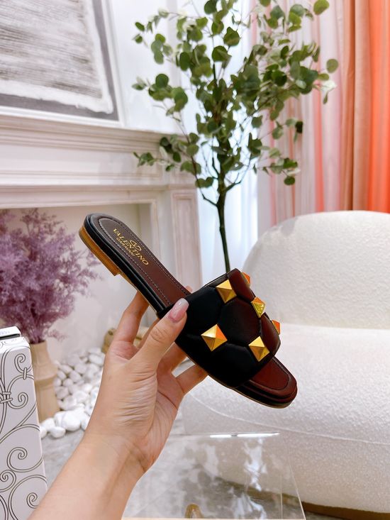 Valentino Studded Flat Slip On Sandals Premium Soft Leather