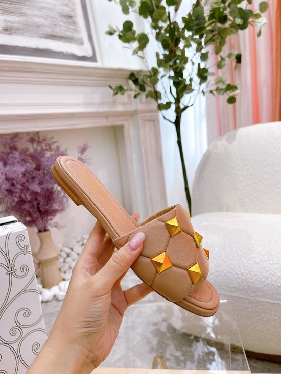 Valentino Studded Flat Slip On Sandals Premium Soft Leather