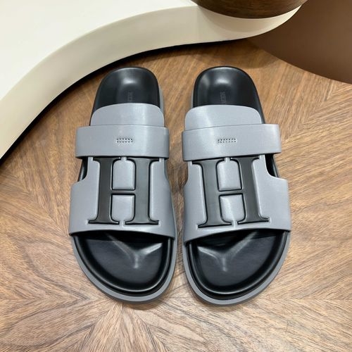 Hermes Leather Slide Sandals With Metal H Buckle