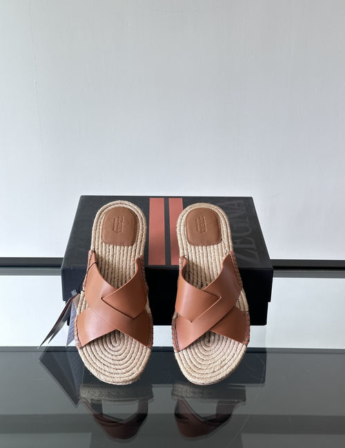 Zegna Straw Weave Slippers Suede Leather Upper