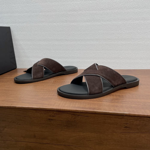 Zegna Suede Cross Strap Slides With Leather Insole