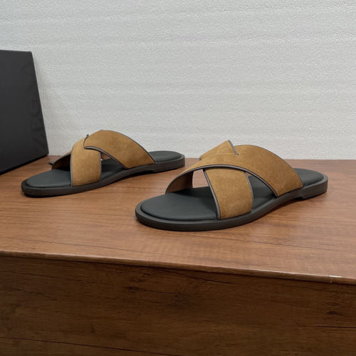 Zegna Suede Cross Strap Slides With Leather Insole