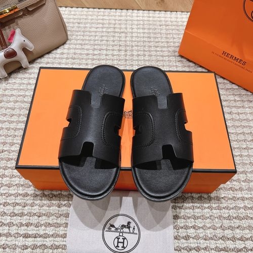 Hermes Genuine Leather Slides Sheepskin Lining Rubber Outsole