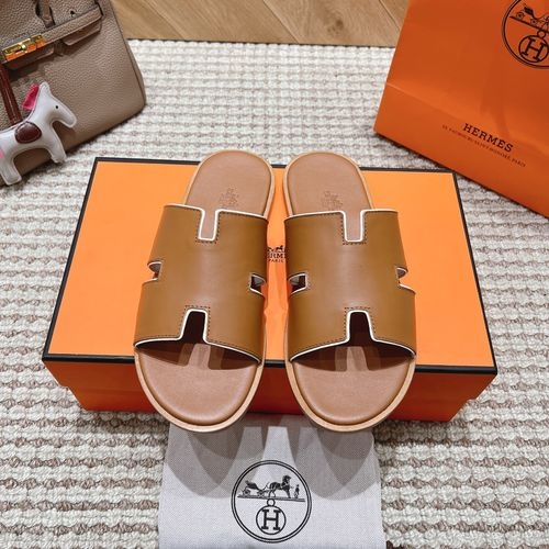 Hermes Genuine Leather Slides Sheepskin Lining Rubber Outsole