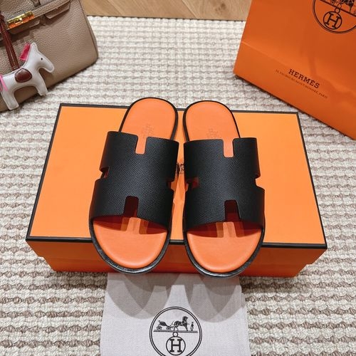 Hermes Genuine Leather Slides Sheepskin Lining Rubber Outsole