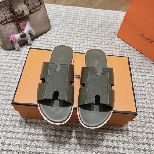 Hermes Army Green Leather Slides Sheepskin Lining Leather Outsole