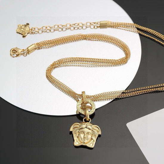 Versace Head Pendant Decorated Gold Tone Necklace