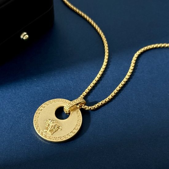 Versace Matte Carved Round Pendant Necklace