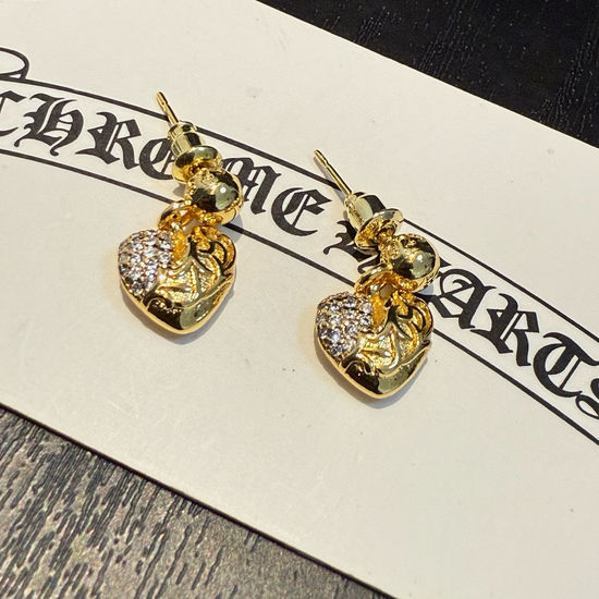 Chrome Hearts Gold Crystal Heart Stud Earrings