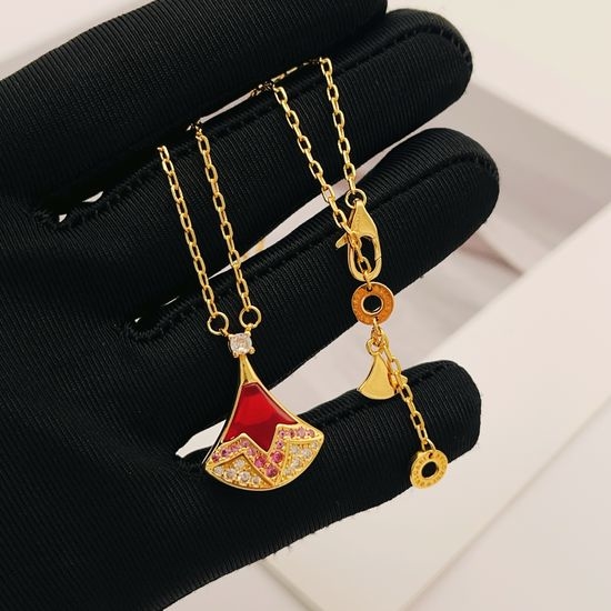Bvlgari Gold Red Mother of Pearl Diamond Fan Necklace