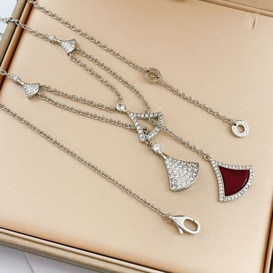 Bvlgari Silver Diamond Red Fan Shape Necklace